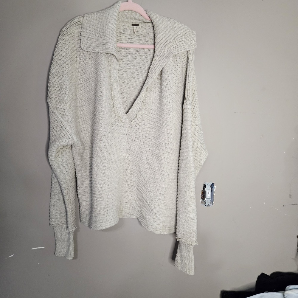 Free People Beige Ribbed Collared V-Neck Pullover Sweater Women Long Sleeve M